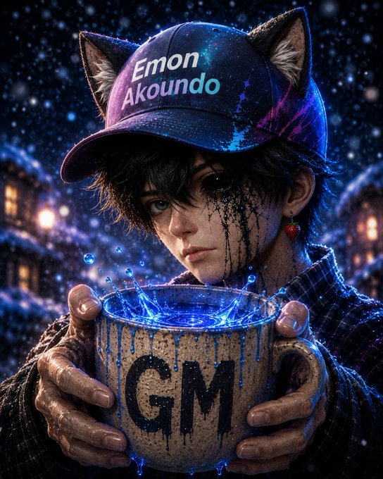 An anime-style character with cat ears and a cap reading 'Emon Akoundo' holds a dripping mug labeled 'GM' filled with glowing blue liquid.