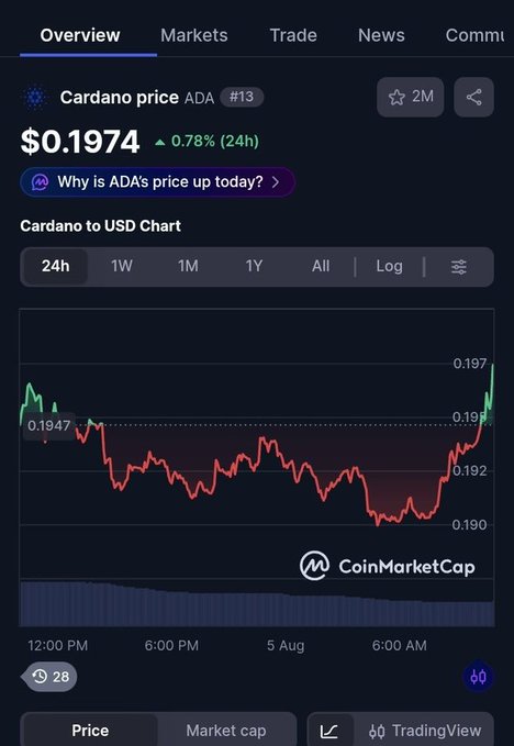 A mobile screenshot from CoinMarketCap shows the Cardano (ADA) price at $0.1974, up 0.78% over 24 hours, with a corresponding price chart.