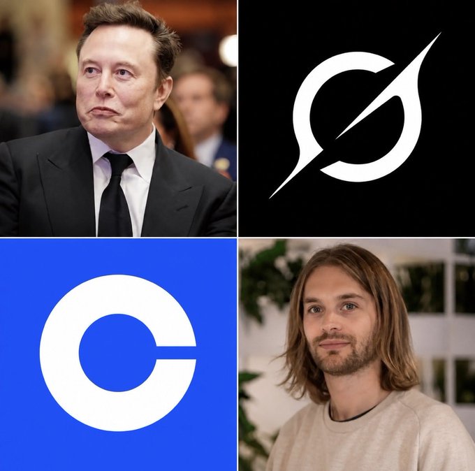 A four-panel image showing Elon Musk in a black suit, the white Stellar (XLM) logo on a black background, the blue and white white CoinMarketCap logo, and a man with long hair in a beige sweater.