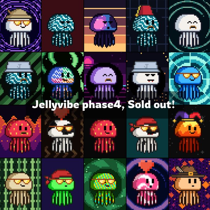 A grid of pixel art jellyfish characters with various hats and accessories, featuring the text 'Jellyvibe phase4, Sold out!' in the center.