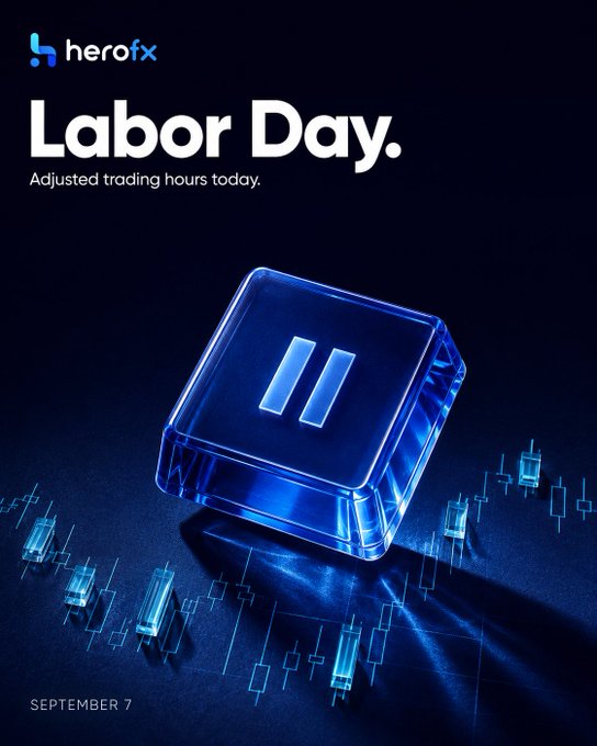A heroFX promotional graphic announcing 'Labor Day' with 'Adjusted trading hours today' and the date 'SEPTEMBER 7', featuring a glowing blue pause button icon over a candlestick chart background.