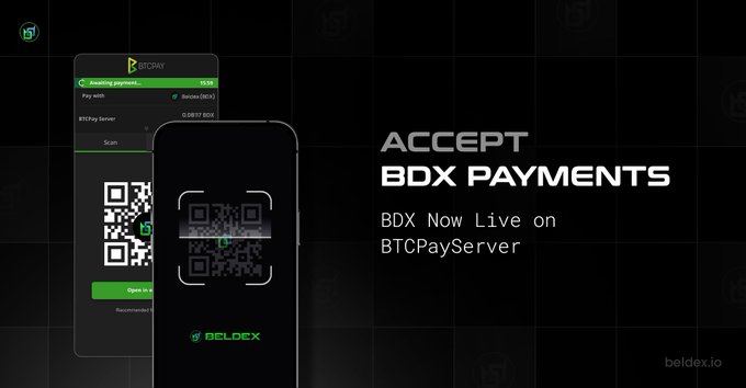 A promotional graphic announcing 'ACCEPT BDX PAYMENTS' with 'BDX Now Live on BTCPayServer', featuring a smartphone displaying a QR code payment screen and the Beldex logo.