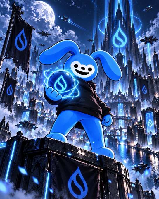 An animated blue rabbit mascot wearing a black hoodie holds a glowing blue Sui token, standing on a banner against a futuristic cyberpunk cityscape at night with Sui (SUI) symbols displayed throughout.