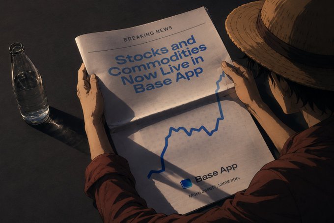 An anime-style illustration of a person in a straw hat reading a newspaper that reads 'BREAKING NEWS: Stocks and Commodities Now Live in Base App' with an upward trending stock chart graphic.