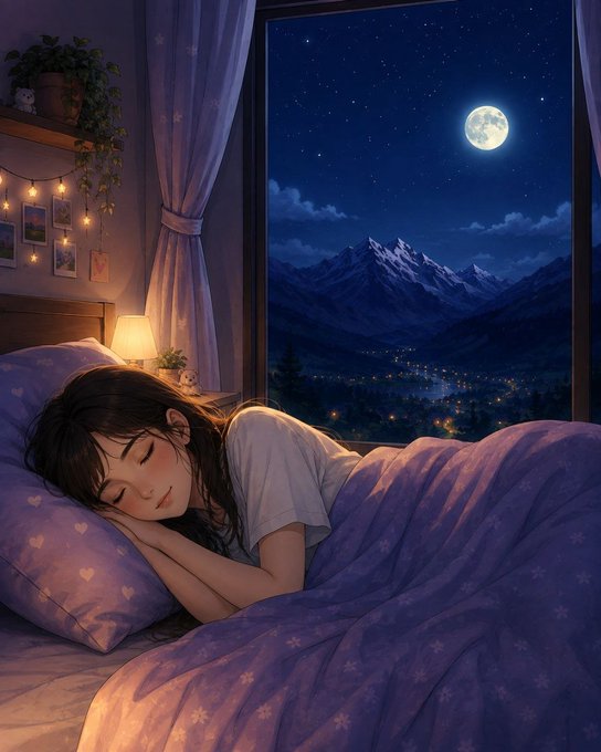 An anime-style illustration shows a young woman with dark hair sleeping peacefully in a bed by a window, with a full moon and snowy mountains visible outside.