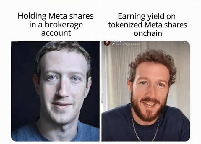 Comparison meme showing two photos of Mark Zuckerberg: on the left, a clean-shaven version labeled 'Holding Meta shares in a brokerage account', and on the right, a bearded smiling version labeled 'Earning yield on tokenized Meta shares onchain'.