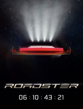 A promotional graphic for the Tesla Roadster showing a red sports car in space, with the text "ROADSTER" and a countdown timer reading "06:10:43:21".