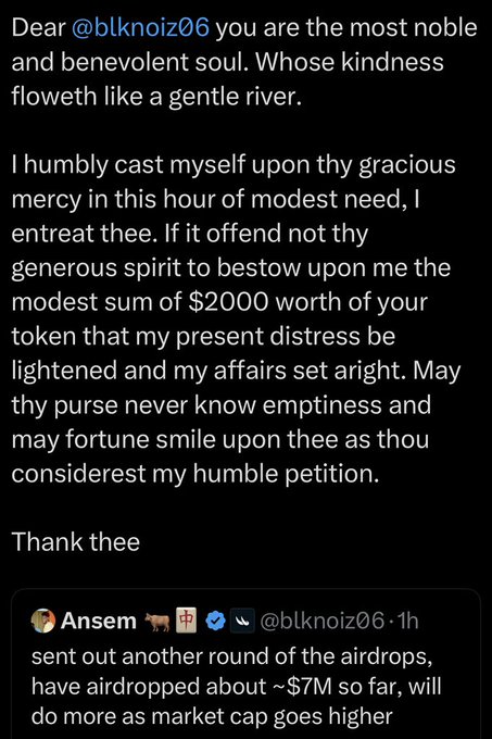 A person humbly requests $2,000 worth of tokens from @blknoiz06, referencing their $7M airdrop from crypto influencer Ansem shown in the quoted tweet, with the flowery message designed to persuade a generous crypto giveaway.