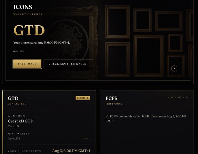 A dark-themed digital interface shows an 'ICONS Wallet Checker' indicating eligibility for a 'GTD' (Guaranteed) phase of 'Crest xD GTD' starting Aug 5, 6:00 PM GMT-1, while a 'FCFS' (First Come) phase is marked 'NOT ELIGIBLE'.