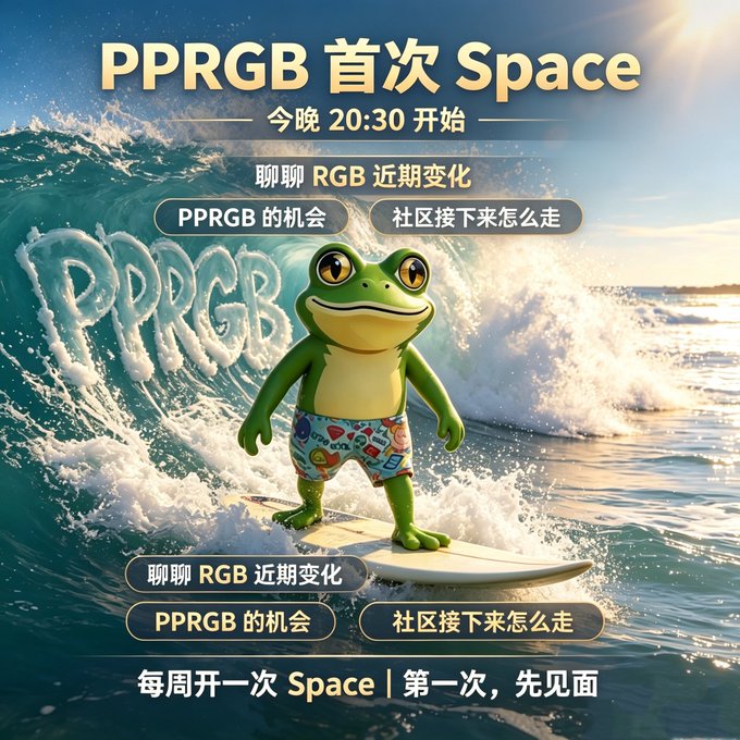 A promotional poster for 'PPRGB 首次 Space' featuring an animated green frog surfing on a wave, with Chinese text announcing a 20:30 broadcast to discuss RGB changes and community direction.