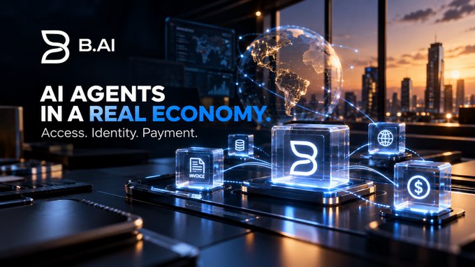 A promotional banner for 'B.AI' with the text 'AI AGENTS IN A REAL ECONOMY. Access. Identity. Payment.' displayed alongside a digital globe and glowing holographic cubes on a desk.