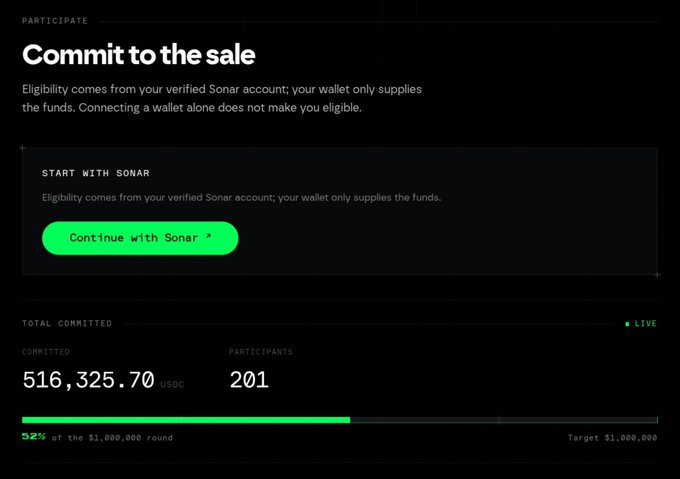 A dark-themed webpage titled "Commit to the sale" with a "Continue with Sonar" button, showing total committed funds of 516,325.70 USDC from 201 participants at 52% of a $1,000,000 target.