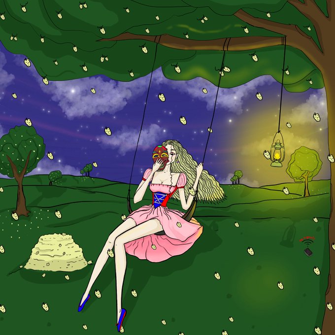 A whimsical digital illustration of a girl in a pink dress sitting on a swing, holding a mask to her face in a surreal nighttime landscape filled with floating apple-shaped faces.