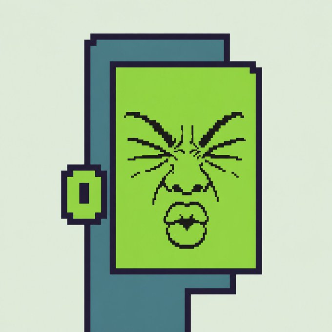 A pixel art illustration of a green door with an angry, wrinkled face featuring furrowed brows and pursed lips, reflecting the post's frustration at people panic selling Nova NFTs without doing their research into why certain collections were hidden. The door's displeased expression visually mirrors the poster's reaction to the hasty selling decisions.