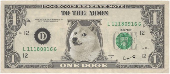 A novelty 'DogeCoin Reserve Note' styled like US currency, featuring the Doge/Shiba Inu meme face, with 'TO THE MOON' text and 'ONE DOGE' denomination.