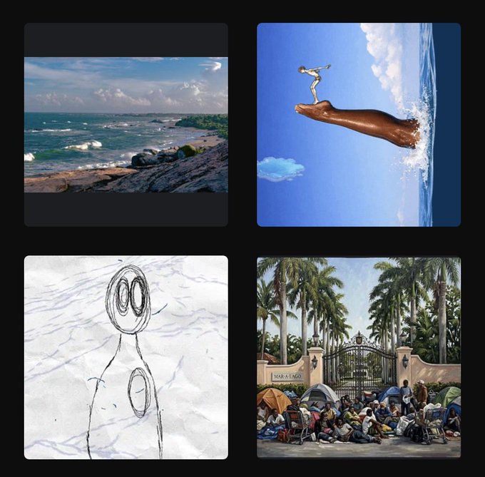 A collage of four images showcasing artwork from the "Waves Syntax" collection on Objkt: a rocky coastal seascape, a surreal painting of a diver leaping off a giant hand against a blue sky, a childlike pencil sketch of a figure, and a painting of people gathered outside the "Mar-a-Lago" gates lined with palm trees.