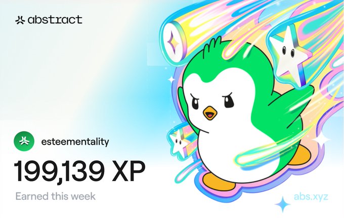 An 'abstract' platform graphic featuring a cute cartoon penguin mascot, with text reading 'esteemementality', '199,139 XP', and 'Earned this week', along with the URL 'abs.xyz'.