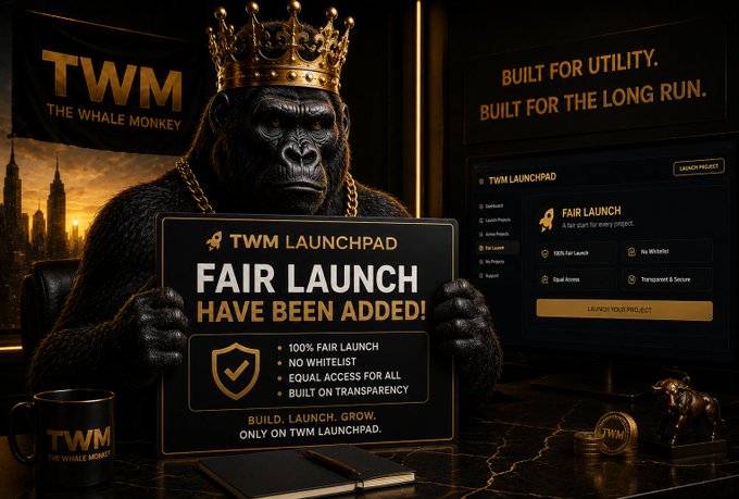 A promotional graphic for 'TWM Launchpad' featuring a gorilla wearing a golden crown, advertising 'FAIR LAUNCH' with bullet points about 100% fair launch, no whitelist, equal access, and transparency.