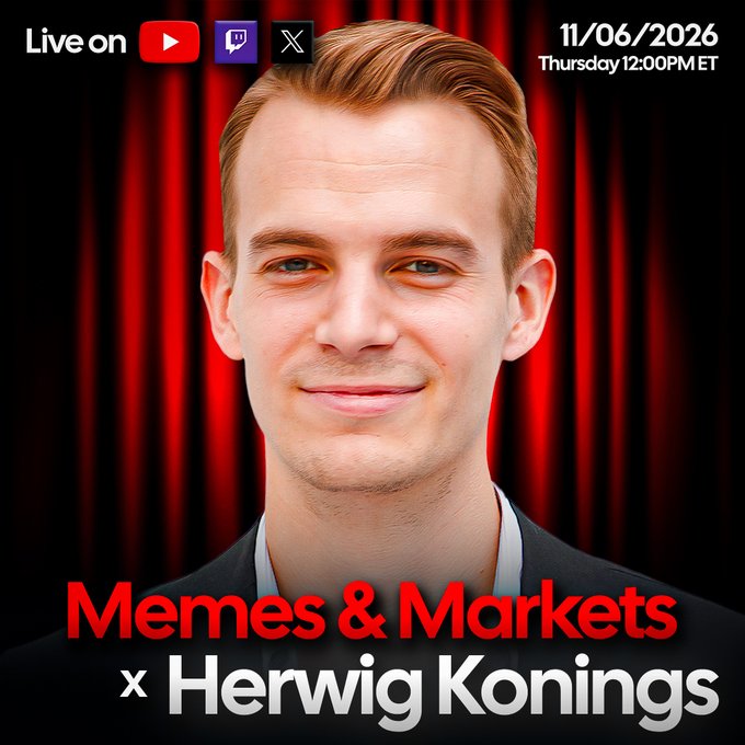 The image features a man with red hair wearing a black suit, smiling at the camera. The background of the image is a red curtain, which contrasts with the man's hair color. The text "Museums & Markets" is written above the man's head and below his feet, indicating that this event is related to museums or markets. The post also mentions Herwig Konings as an attendee at the live event on Thursday June 11th at 12PM ET.