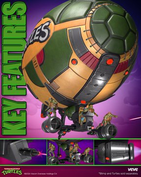 The image showcases the "Turtle Glider" with "KEY FEATURES" highlighted on the left side, featuring the Teenage Mutant Ninja Turtles' headship with action figures positioned throughout its structure, matching the post's description of the toy set where the turtles and April O'Neil can be placed in multiple positions around the glider for sky-high adventures. Logos for "Turtles" and "VEEVE" appear at the bottom corners of the promotional image.