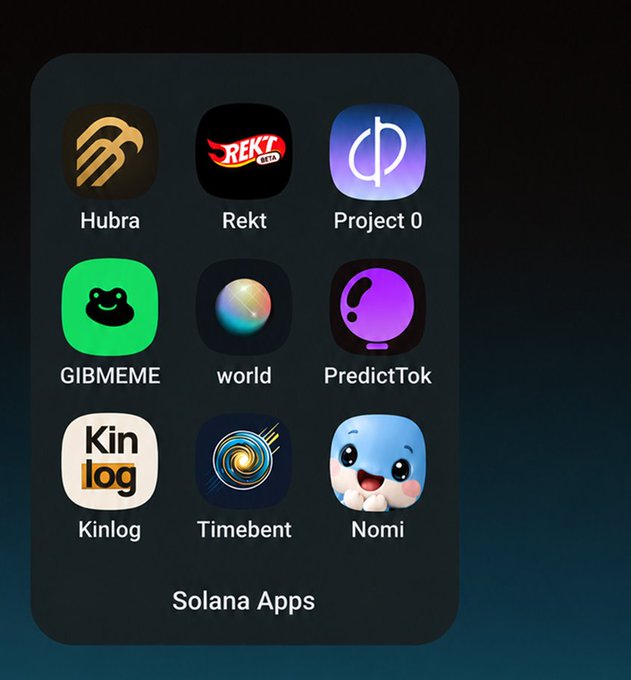 A mobile device home screen folder labeled 'Solana Apps' containing nine app icons including Hubra, Rekt, Project 0, GIBMEME, world, PredictTok, Kinlog, Timebent, and Nomi.
