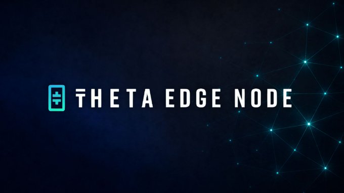 A dark blue banner for 'THETA EDGE NODE' with a teal logo icon on the left and a network of connected nodes illustrated on the right.