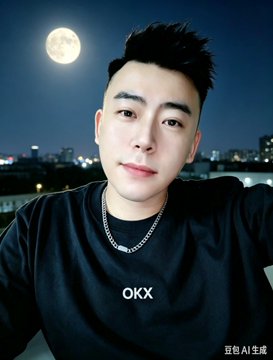 A man wearing a black sweatshirt with the 'OKX' logo takes a selfie at night with a large full moon visible in the sky behind him.