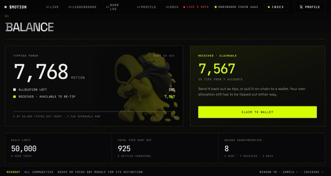 Screenshot of the $SHOTION platform showing a user 'BALANCE' page with a tipping power of 7,768 MOTION and 7,567 claimable tips from 25 accounts.
