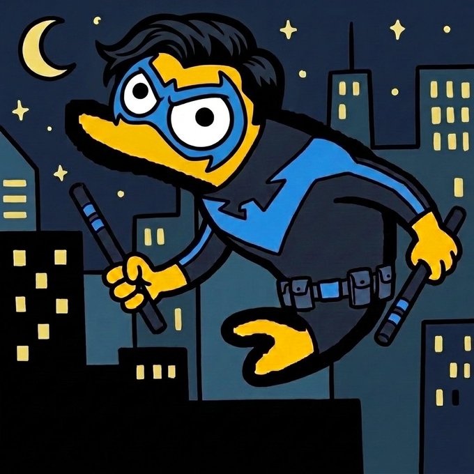 A cartoon illustration of a superhero character with a yellow beak, blue mask and outfit, dark hair, holding two batons while leaping between city buildings at night under a crescent moon.
