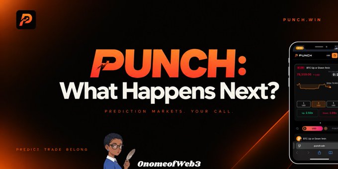 A promotional graphic for a prediction market platform called 'PUNCH' with the tagline 'What Happens Next?' and the subtext 'PREDICTION MARKETS. YOUR CALL,' showing a mobile app interface with BTC trading options and an illustrated mascot holding a baseball bat.
