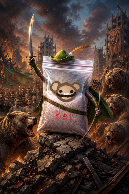 A warrior figure labeled "Ket" with a monkey mascot logo stands triumphantly on rubble holding a sword, surrounded by an army of followers and bears wearing Robinhood-green hats, symbolizing "SACK O' KET's" bridging to the Robinhood platform.