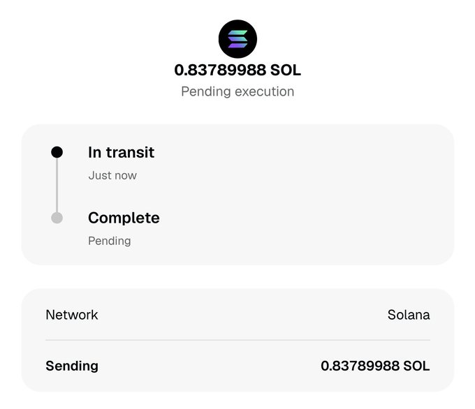 A cryptocurrency transaction screen on the Solana network showing a pending transfer of 0.83789988 SOL, with the transaction currently 'In transit' and 'Complete' status pending.