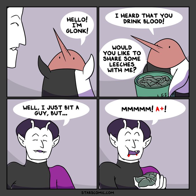 A four-panel comic featuring characters Glonk and Glorg, where Glonk offers leeches and Glorg responds "MMMMM! A+!" after biting a guy, from starscomic.com.