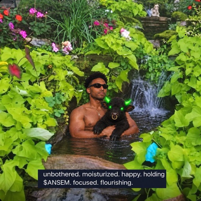 A meme showing a man in sunglasses sitting in a pond holding a black lamb with glowing green eyes, captioned 'unbothered. moisturized. happy. holding $ANSEM. focused. flourishing.'