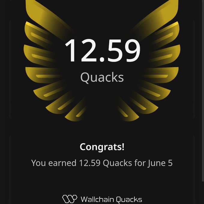 The image features a trophy with a yellow color, possibly gold or gold-like material. The text on the trophy states that someone has earned 12.59 Quacks for June 5. This information suggests that an individual who participated in the event may have reached this achievement milestone. The image also shows a screenshot of the Wallchain App's post displaying this achievement.
