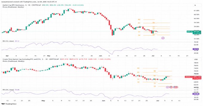 The image displays two TradingView candlestick charts—the top showing BTC Dominance near 56.4% with Pivot levels marked (R1-R3, S1-S2) and the bottom showing Crypto Total Market Cap Excluding BTC and ETH (TOTAL3) around $683.45B with similar pivot points—both supporting the post's thesis that BTC Dominance and TOTAL3 are holding above key pivots, indicating capital is still rotating through altcoins rather than flowing back into Bitcoin.