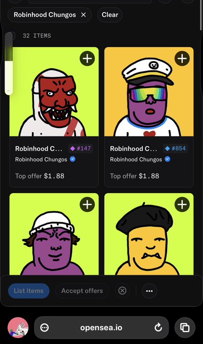 OpenSea.io marketplace showing 32 "Robinhood Chungos" NFT collectibles with top offers of $1.88, including items #147 and #854.