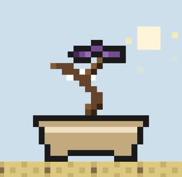 Pixel art of a small plant in a tan pot wearing dark sunglasses against a light blue sky with a sun.