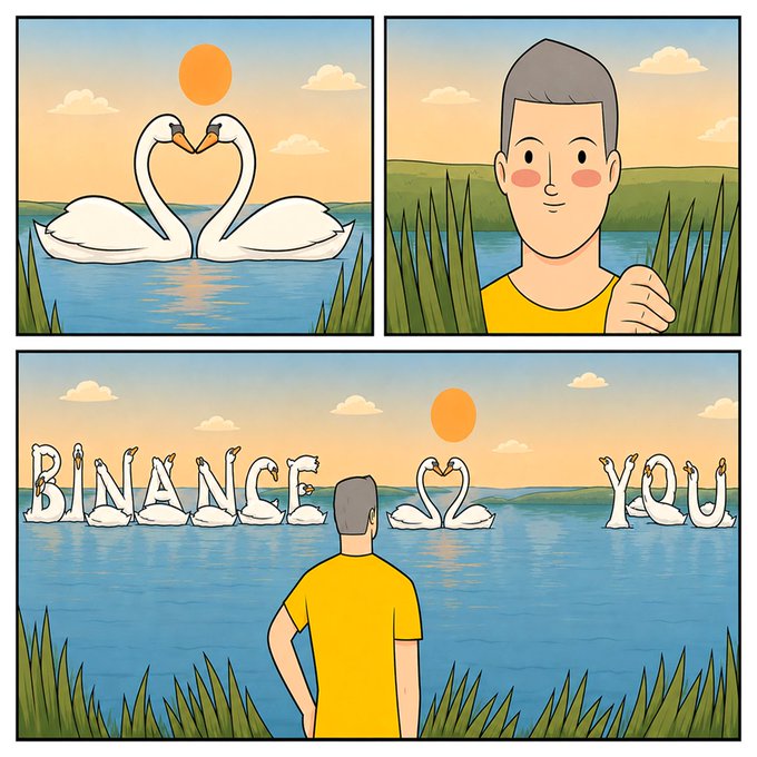 A comic shows two swans forming a heart shape with their necks, followed by a smiling man peeking through reeds, before revealing the full scene where swan-shaped letters spell out "BINANCE [heart] YOU" across a sunset lake. The image reinforces the post's reminder of a Binance-themed message of appreciation.