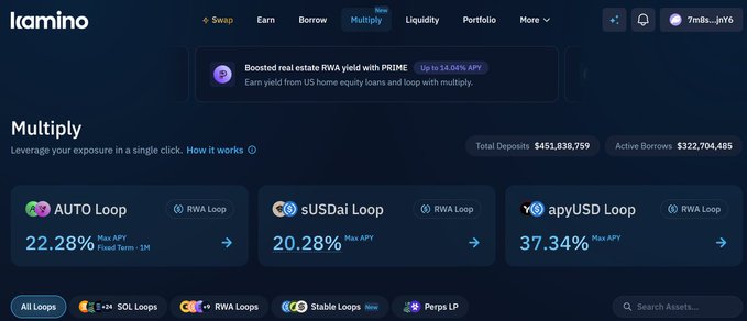 The Kamino Finance platform 'Multiply' page displaying looping options: AUTO Loop (22.28% Max APY), sUSDai Loop (20.28% Max APY), and apyUSD Loop (37.34% Max APY), with Total Deposits of $453,838,759 and Active Borrows of $322,704,485.
