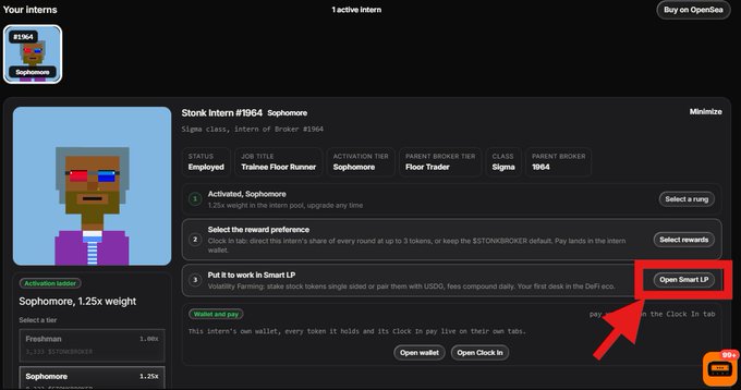 Screenshot of the Stonk Intern #1964 Sophomore NFT listing on a marketplace, showing a pixelated character and intern details including 'Activation Tier: Sophomore', 'Class: Sigma', and 'Job Title: Trainee Floor Runner', with a red arrow pointing to the 'Open Smart LP' button.