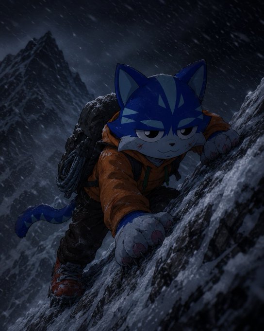 A blue cat character wearing an orange jacket and backpack scales a snowy mountain peak through a blizzard, embodying the post's theme of perseverance through difficult "crypto winter" conditions alongside the $TOSHI community.