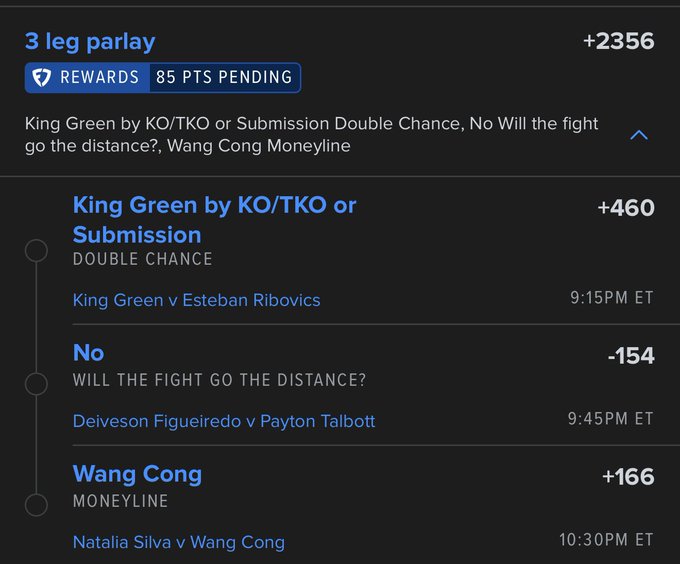 A 3-leg parlay bet slip showing a +2356 payout with 85 points pending, featuring three picks: King Green (+460) to win by KO/TKO or Submission vs Esteban Ribovics at 9:15PM ET, "No" (-154) on whether Deiveson Figueiredo vs Payton Talbott goes the distance at 9:45PM ET, and Wang Cong (+166) moneyline vs Natalia Silva at 10:30PM ET — supporting the post's "Let's ride" call to action.