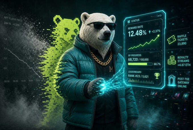 A digital illustration of a polar bear wearing sunglasses, a gold chain, and a teal puffer jacket, interacting with a holographic interface displaying 'REWARD RATE 12.48%', 'XP PROGRESS 68,720 / 100,000', 'LEADERBOARD RANK #23 / 5,621', 'RAFFLE TICKETS 23,890', and 'ROYALTY STREAMS +4.87 ETH', with 'NFT FLOOR PRICE 24H % -4.32%' visible on the left.