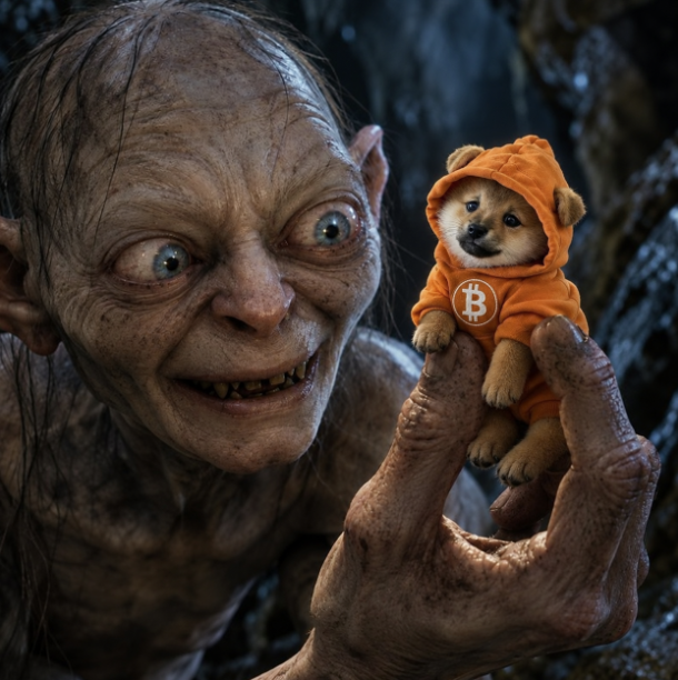 A detailed sculpture or model of the character Gollum from Lord of the Rings smiles menacingly while holding a small Shiba Inu dog figurine wearing an orange Bitcoin hoodie.