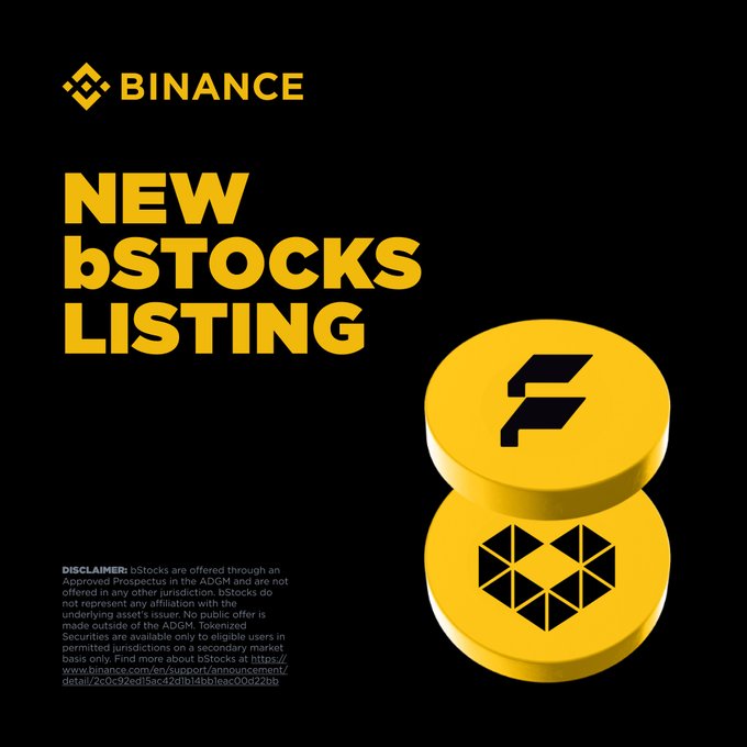 A Binance promotional graphic announcing a new bStocks listing, featuring the yellow Binance logo and a 3D coin graphic with the "F" (FTX-token) symbol. The image complements the post's announcement of tokenized stocks trading pairs—including ADBEB/USDT, FWDIB/USDT, HPEB/USDT, PDDB/USDT, SHAZB/USDT, WENB/USDT, and ZMB/USDT—available 24/7 with 1:1 free and instant exchange for actual stocks.