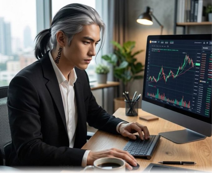 A young man with a Bitcoin tattoo on his neck works intently on a trading computer displaying cryptocurrency charts with red and green candlesticks.