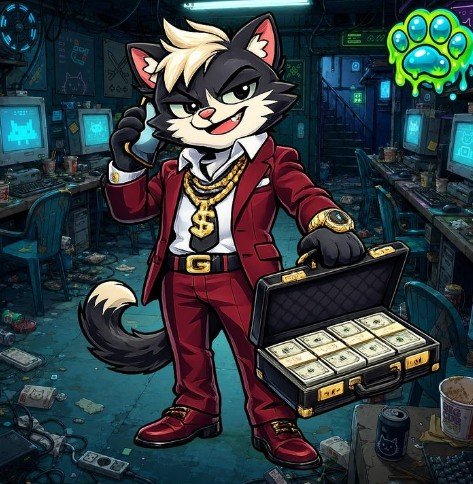 An anthropomorphic cartoon cat in a red suit and gold dollar-sign chain talks on a phone while holding open a briefcase full of cash, standing in a messy, tech-filled room with a green dripping paw print logo.