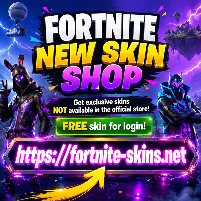The image is a promotional advertisement claiming to offer exclusive Fortnite skins and a free skin for login, directing users to visit the website "https://fortnite-skins.net." It features two characters in dark outfits with glowing purple accents, alongside the bold text "FORTNITE NEW SKIN SHOP" and "Get exclusive skins NOT available in the official store!"

Note: This image is almost certainly a scam/phishing advertisement. The accompanying post tagging "@itzzmeolivia" appears to be promoting this fraudulent offer, which is a common tactic used to lure players with promises of free skins in order to steal account credentials.