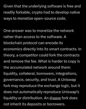A dark screen displays text discussing how crypto monetizes open-source code through network effects, noting that while a Uniswap fork can reproduce exchange logic, it does not automatically reproduce liquidity or distribution, referencing @aave.